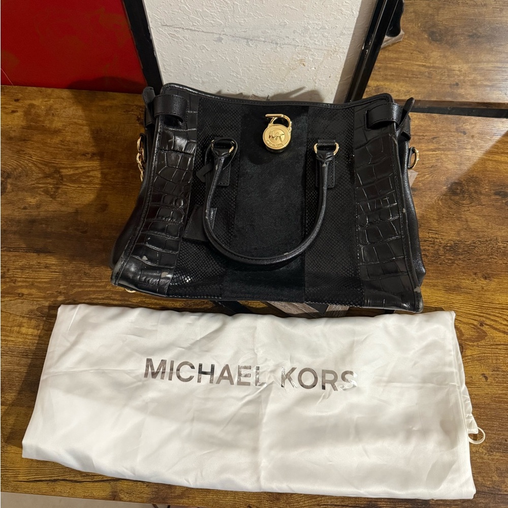 Michael Kors Hamilton Black Crocodile Embossed Calf Hair Snakeskin Tote Shoulder - Picture 1 of 3